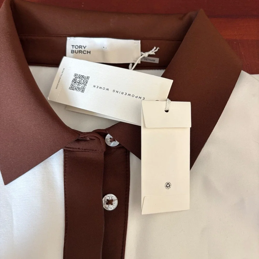 Tory Burch Neoprene Polo Golf Dress Snow White and Mocha Chip 161375 Size L NWT